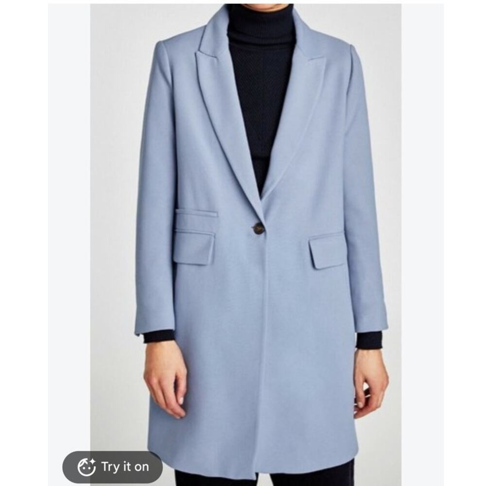 Zara Single Button Front Long Length Trench Coat Women's Small Cornflower Blue